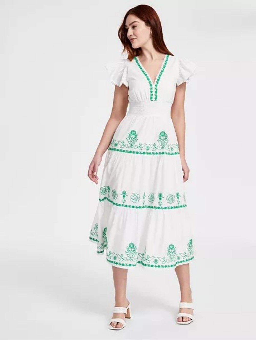 Adrianna Papell White Midi Dress with Green Embroidery
